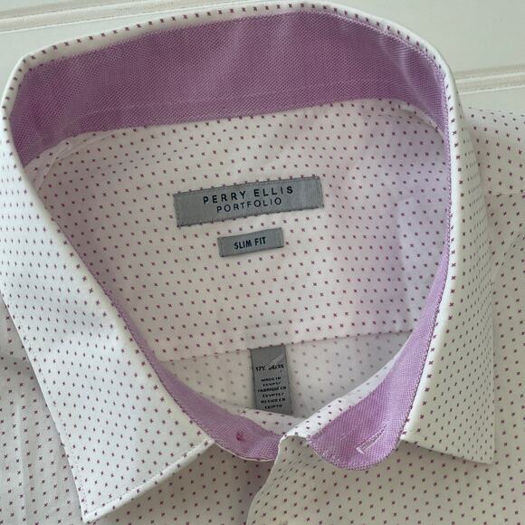 NWT Perry Ellis Portfolio Slim Fit Button Down Pink Print Size Men's 17.5 34/35 - Picture 2 of 8